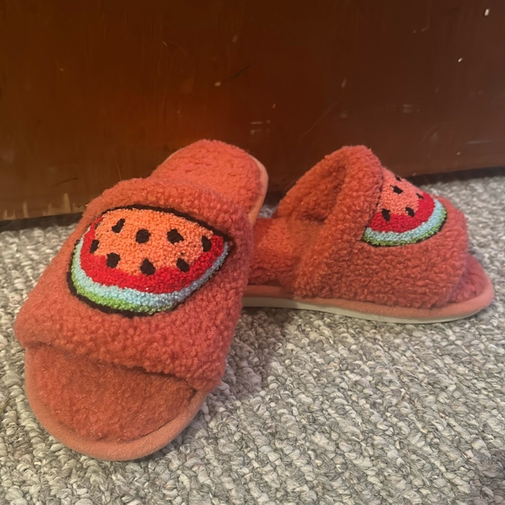 Fuzzy slid slippers with watermelon desig